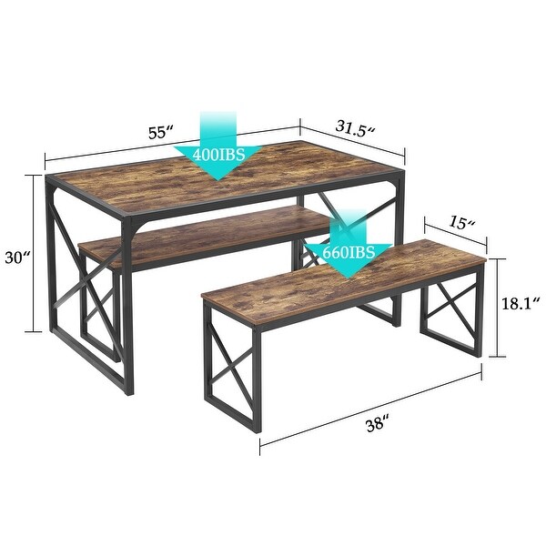 3-Piece Dining Set with Wood Table and 2 Benches