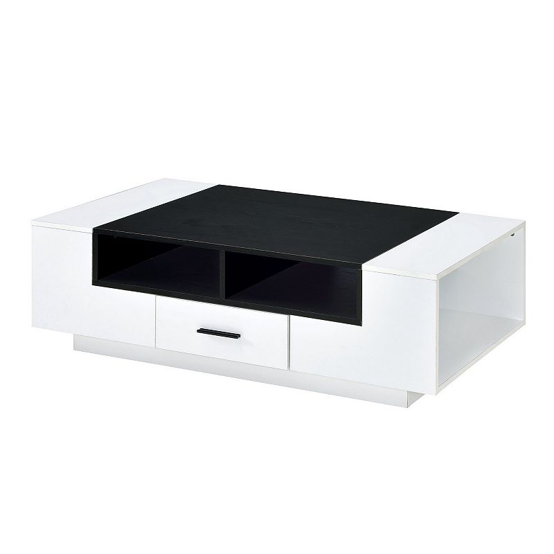 Contemporary Coffee Table with Drawer and Open Compartment， Black and White