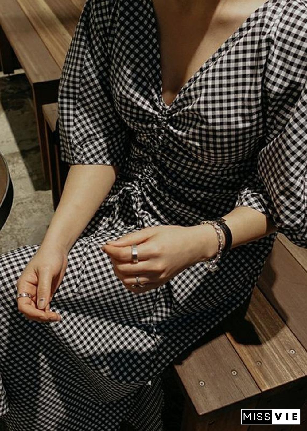 Classy v neck asymmetric cotton Long Shirts Runway plaid Dress