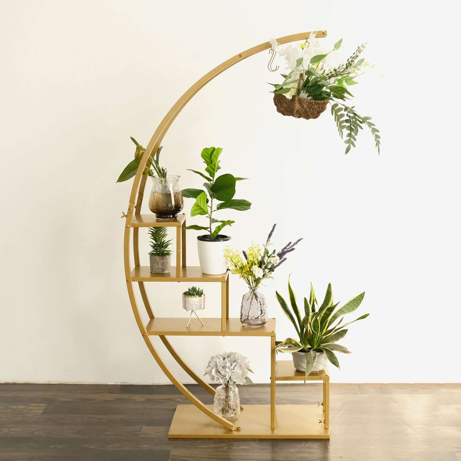 Gold Metal 4-Tier Half Moon Plant Shelf Rack With Hanging Hooks, Cupcake Dessert Display Stand 4.5ft