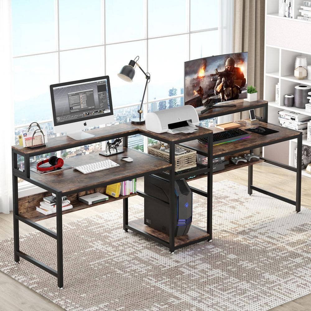 Tribesigns Cassey 94.5 in. Rectangular Brown Engineered Wood Computer Desk with Hutch Shelf for Two Person FFHD-F1279