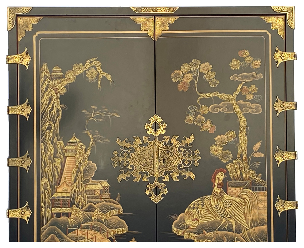 Vintage Chinoiserie Black And Gold Graphic Claw Legs Cabinet Hcs7263   Asian   Accent Chests And Cabinets   by Golden Lotus Antiques  Houzz