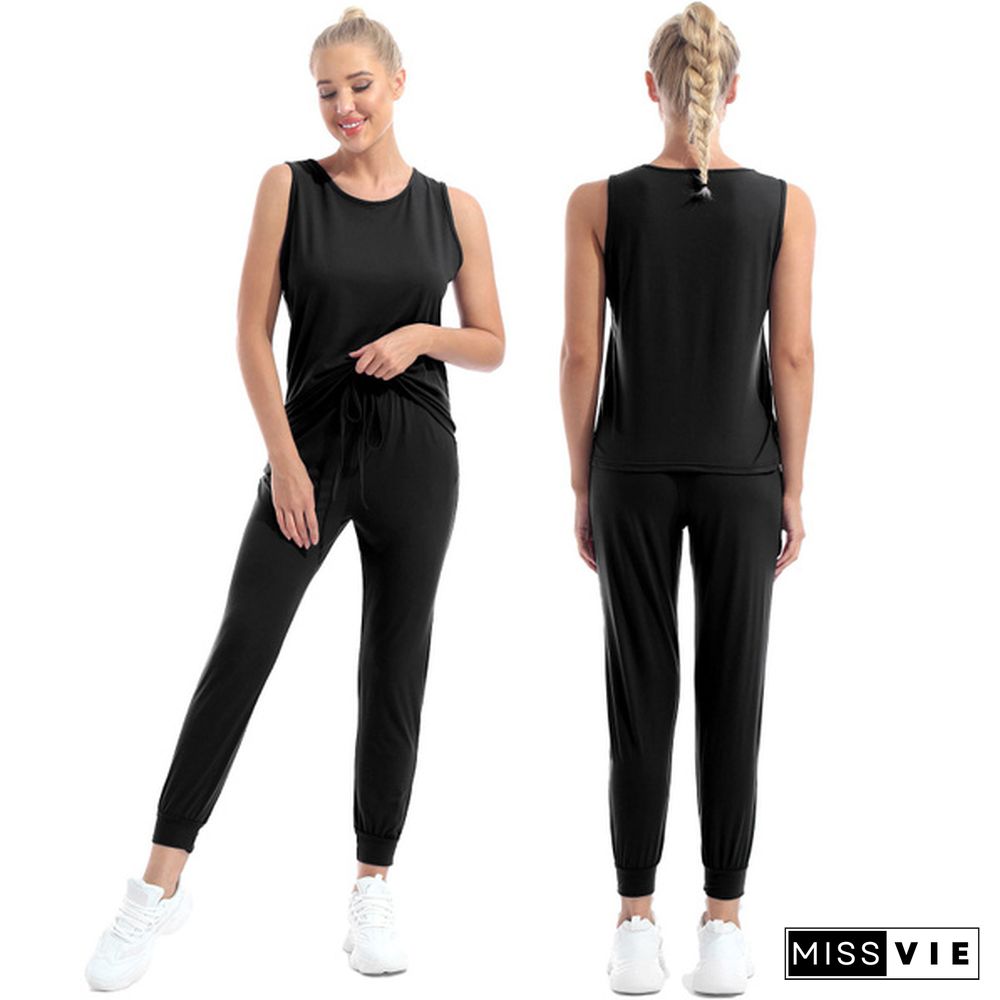 Women’S Solid Color Two Piece Outfit Sleeveless Crewneck Pullover Tops And Long Pants Sweatsuits Tracksuits