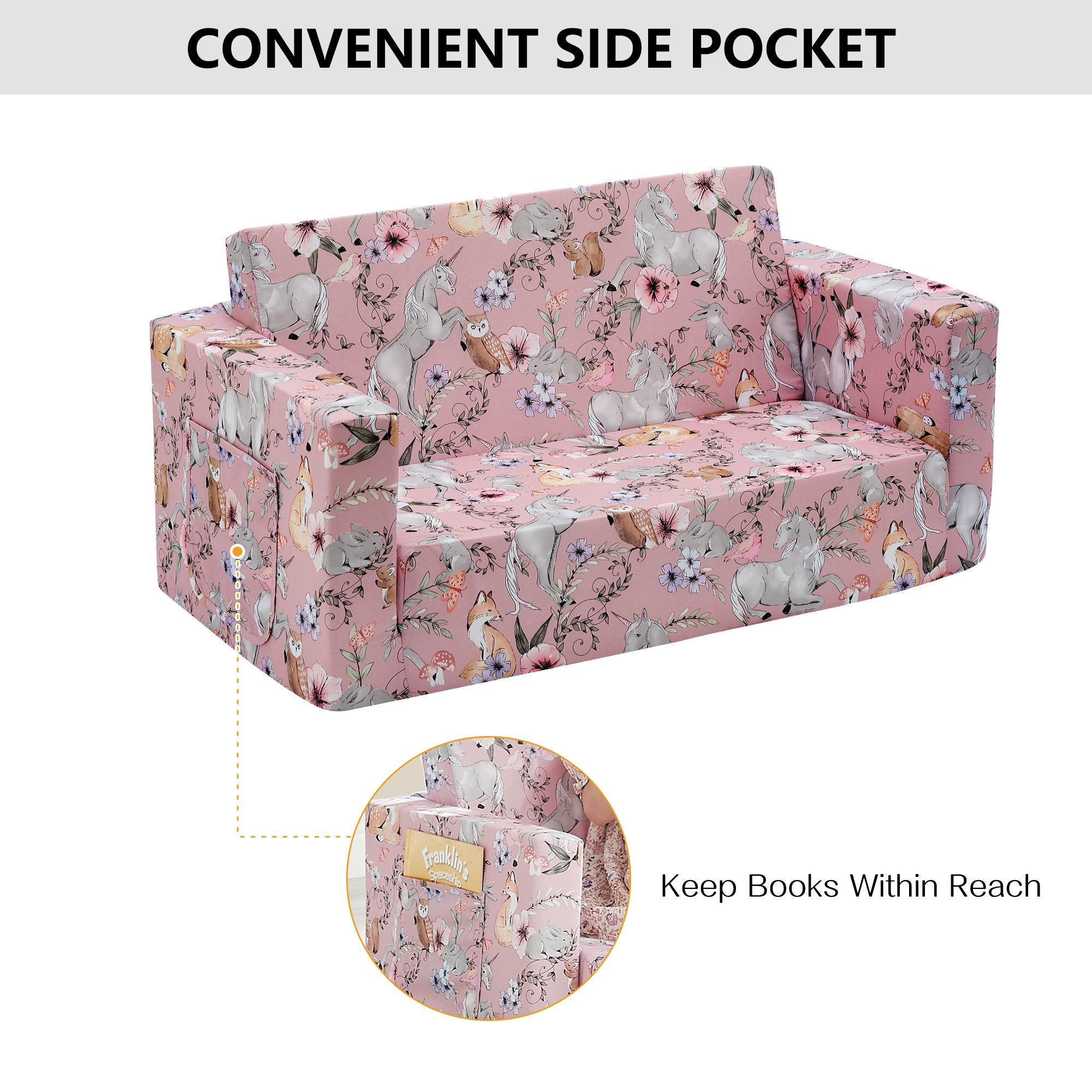 Iwicker 2-in-1 Convertible Kid Sofa to Lounger Flip Open Soft Kids Couch/Sleeper for Gift, Pink Unicorn