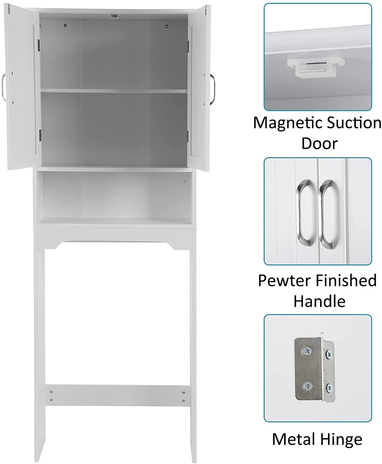 HOMEFORT Wood Over Toilet Storage Cabinet, Freestanding Bathroom Spacesaver, Toilet Bathroom Shelf Organizer with Double Wood Doors and Adjustable Shelf, White