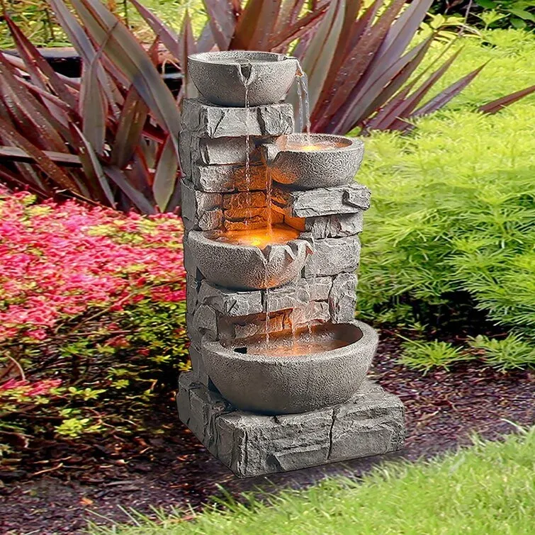 💕Clearance sale💕4 tier bowl floor stacked stone waterfall fountain with LED lights and pump