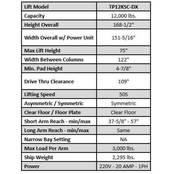 iDEAL 2-Post Car Lift Symmetric Direct Drive ALI Certified with PU 12000 lbs. Capacity TP12KSC-DX