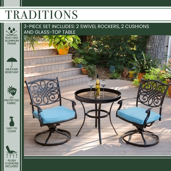 Hanover Traditions 3Piece Swivel Bistro Set in Blue with 30 in. Glasstop Table