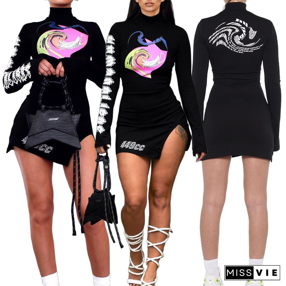 Printed Letter Turtleneck Slit Sexy Dress