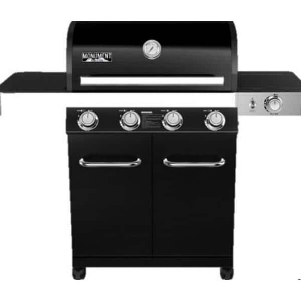 Monument Grills 4-Burner Propane Gas Grill in Black with LED Controls, Side Burner and USB Light 13892