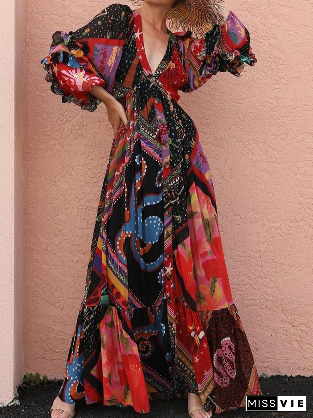 Glamorous Print V-Neck Long Sleeve Maxi Dress P12119