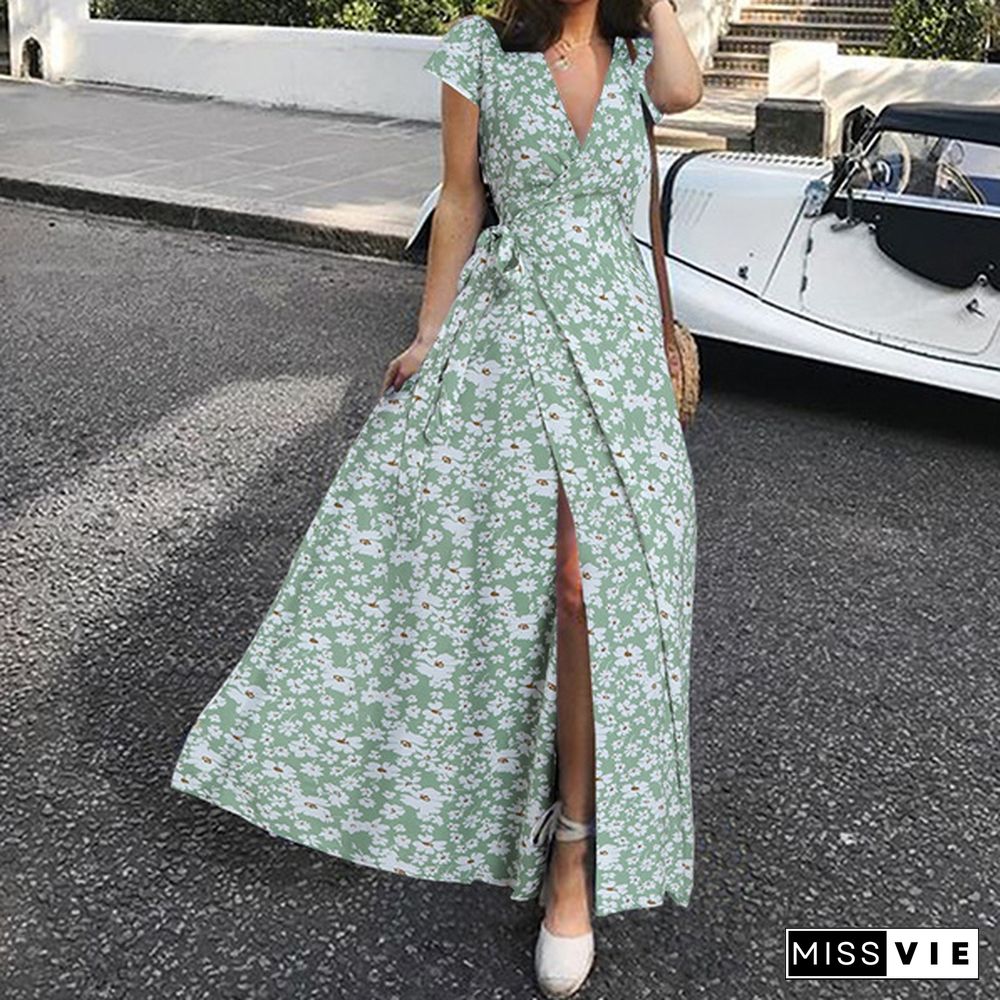 Womens Floral Printed Maxi Dress Summer Short Sleeve Deep V Neck Split Party Elegant Casual Wrap Long Dress Plus Size