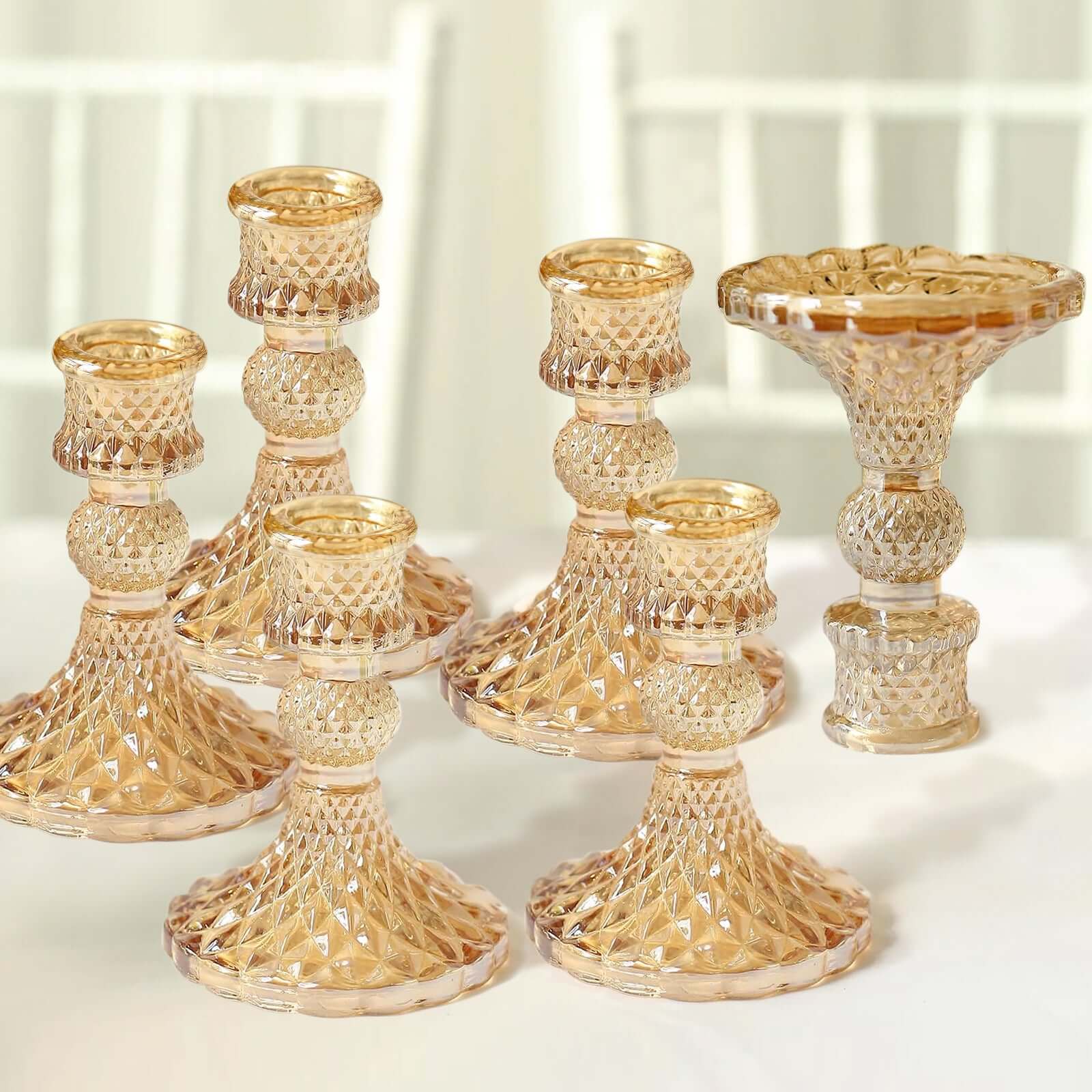 6 Pack Amber Gold Glass Diamond Pattern Taper Candlestick Holders, Reversible Crystal Pillar Votive Candle Stands 4