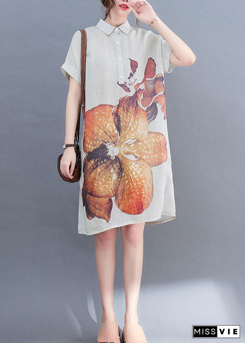 Natural White PeterPan Collar Button Print Summer Short Sleeve Dress