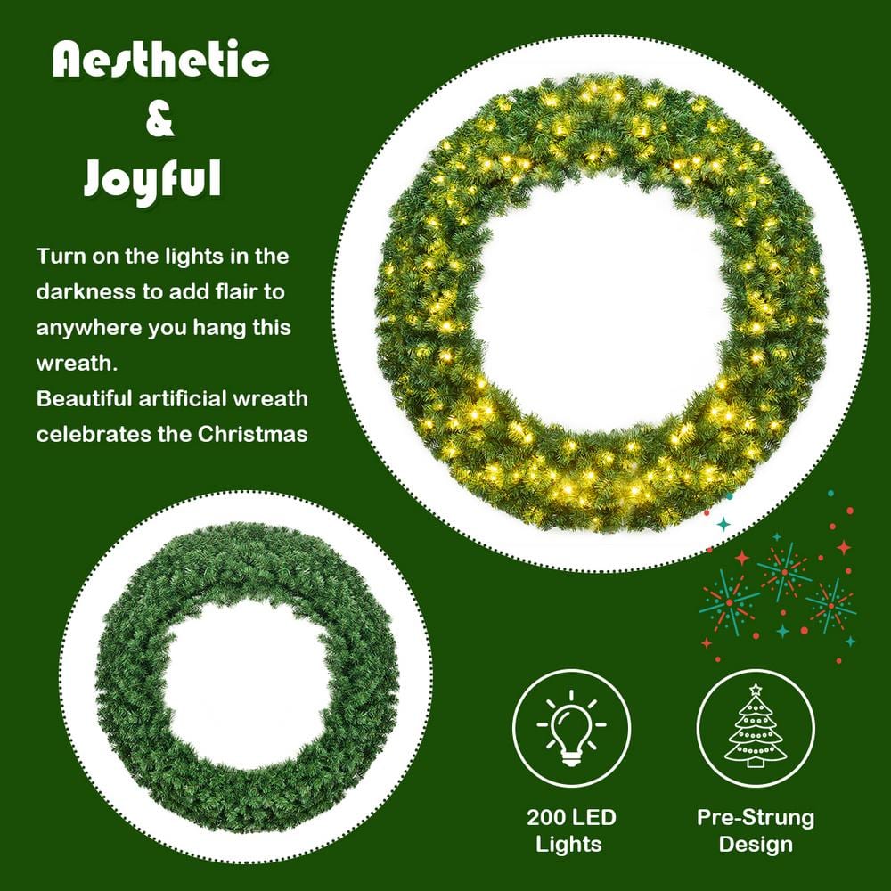  48 in. Green Cordless Pre-Lit LED Artificial Christmas Wreath 714 Tips with 200 LED Light and Timer GHM0334