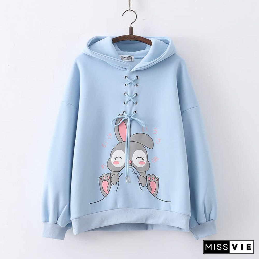 Cartoon Rabbit Print Lace Up Loose Plush Hoodie