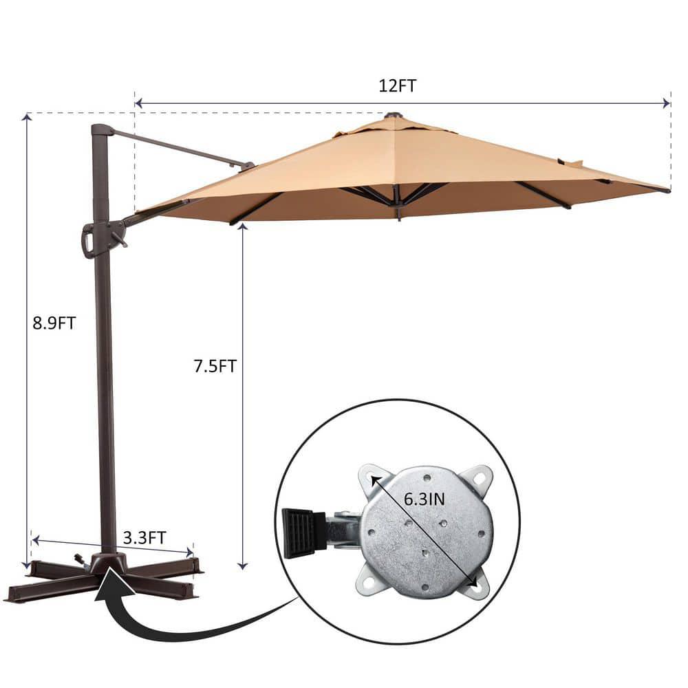 Pellebant 12 x 12 ft Round HeavyDuty Aluminum 360Degree Rotation Cantilever Patio Umbrella in Tan