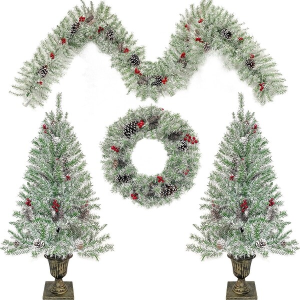 Prelit Xmas Tree Artificial Christmas 4Piece Set，Garland，Wreath and Set of 2 Entrance Trees Xmas with LED Lights