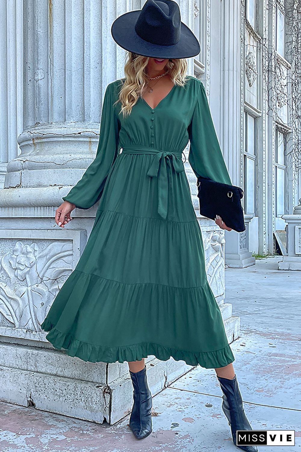 Turquoise V Neck Button Down Tiered Maxi Dress