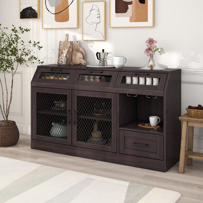 Kitchen Sideboard Multifunctional Buffet Cabinet with 4 Drawers  Wineglass Holders