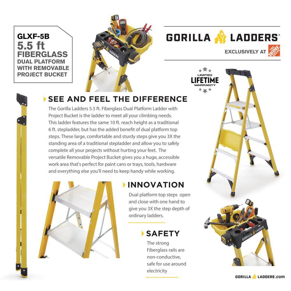 Gorilla Ladders 5.5 ft. Fiberglass Dual Platform Step Ladder with Project Bucket (10 ft. Reach) 300 lbs. Capacity Type IA Duty Rating GLXF-5B