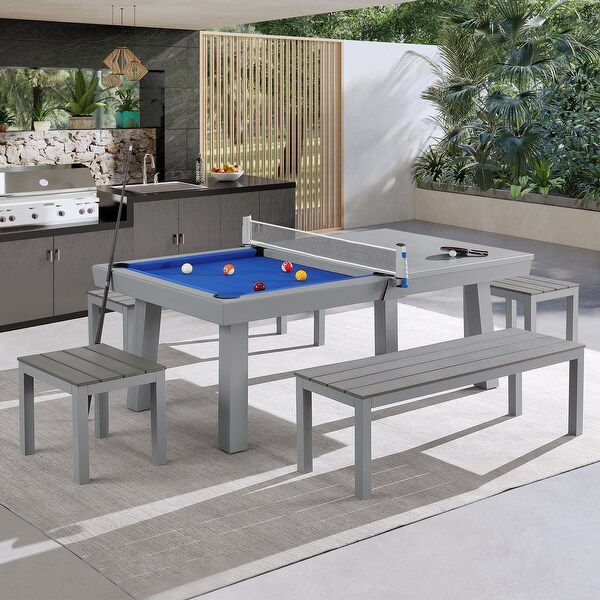 Newport Outdoor Patio 7ft Slate Pool Table 6Seater Dining Set with 4 Benches and Accessories，Cement Finish