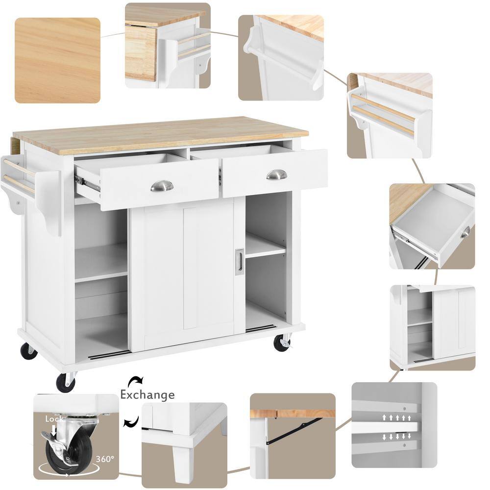 White Rubberwood Drop-Leaf Countertop 52.2 in. Kitchen Island Cart Sliding Barn Door with Storage and 2-Drawer EC-KIWW-9161