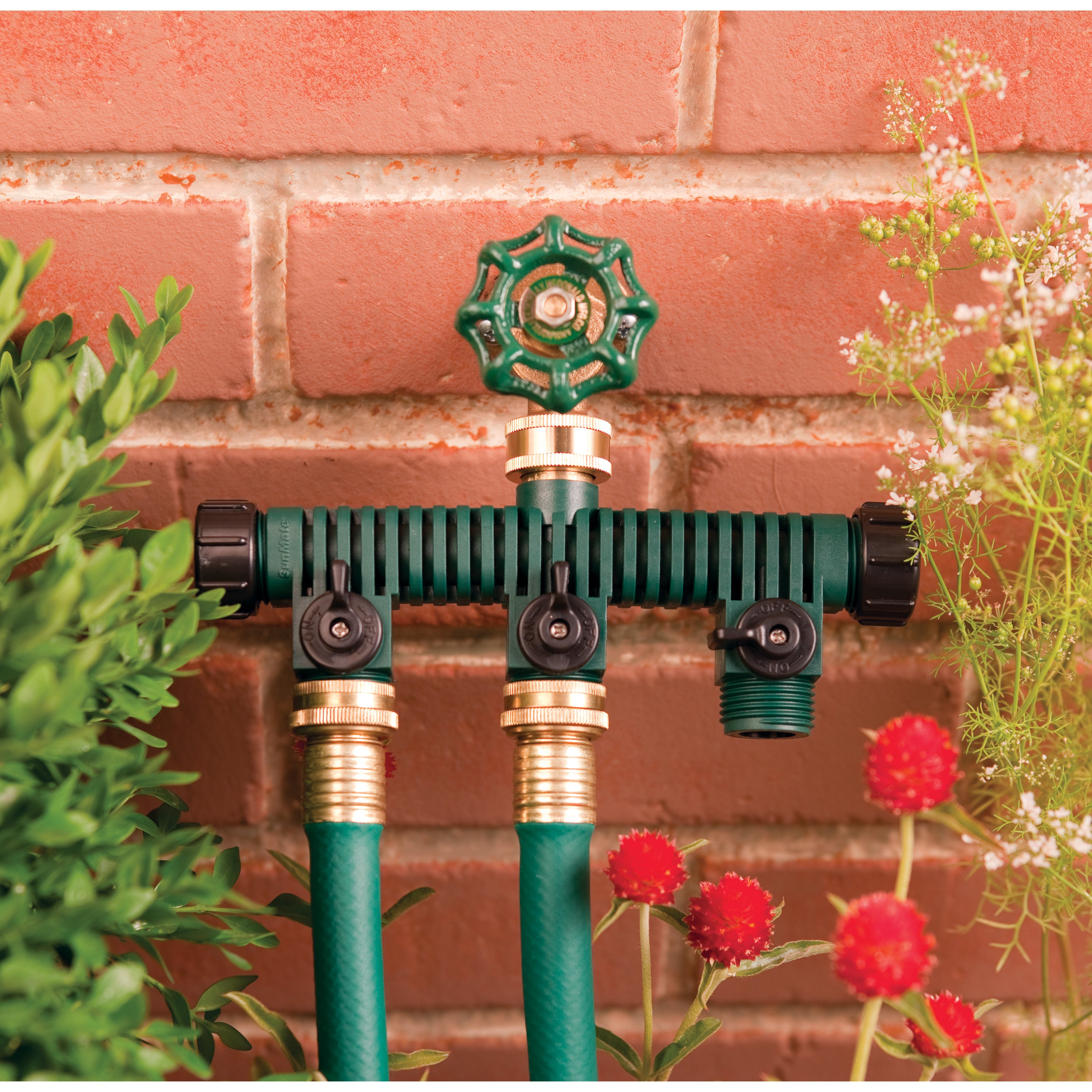 Orbit 3-Port Plastic Hose Faucet Manifold with Shut-off Valves and 2-Side Connections， Green