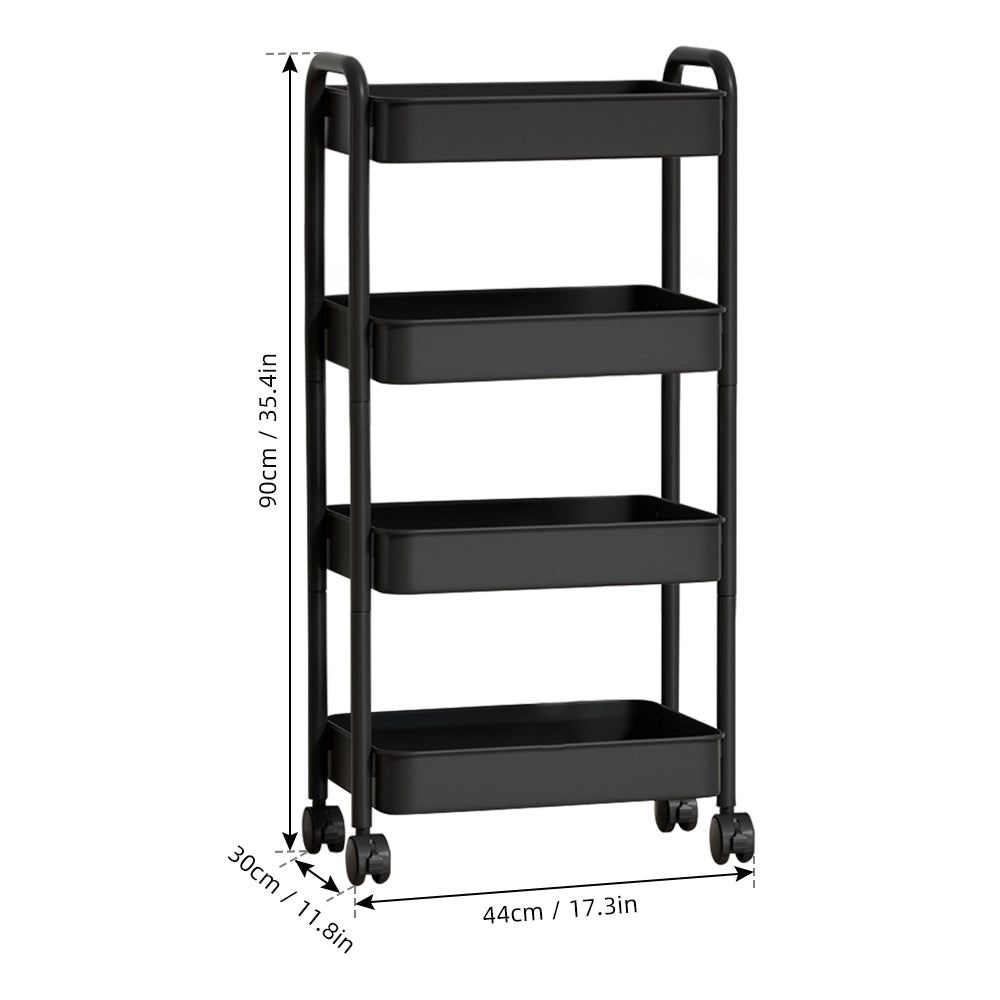 3 Tier / 4 Tier Metal Rolling Storage Cart with Metal Baskets Sturdy Storage Trolley with Handles 4 Hooks Locking Wheel for Kitchen Bedroom and Bathroom Black