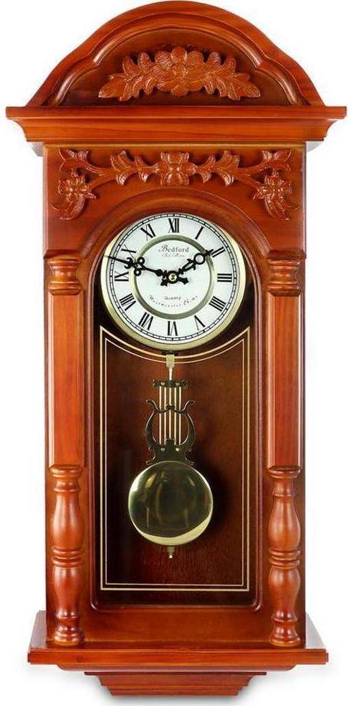 Bedford Clock Collection 27.5 Antique Chiming Wall Clock with Roman Numerals in a Padauk Oak Finish