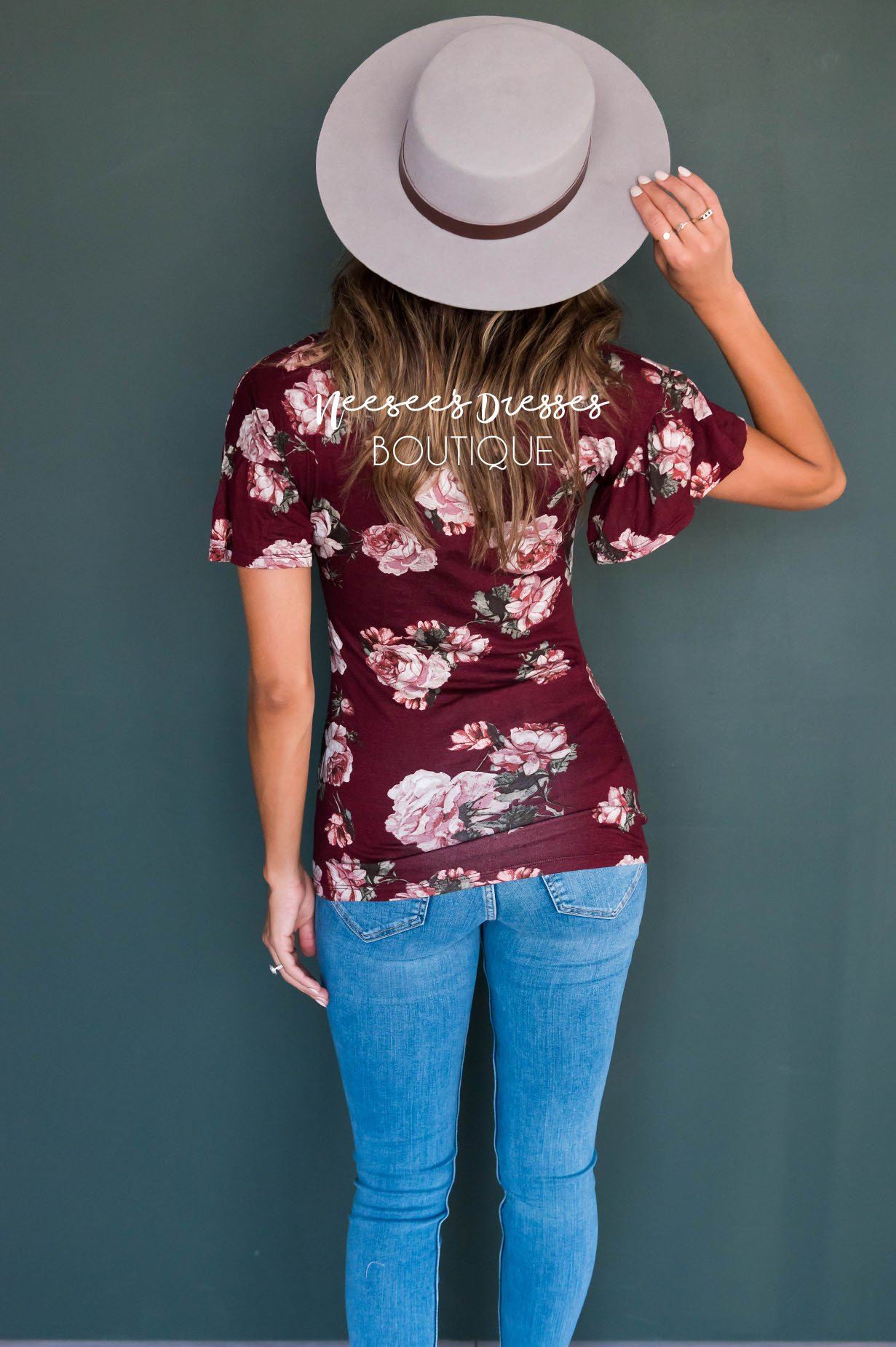 Burgundy Floral Modest Ruffle Sleeve Top