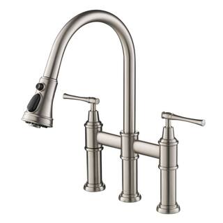 KRAUS Allyn Double Handle Transitional Bridge Kitchen Faucet with Pull-Down Sprayhead in Spot Free Stainless Steel KPF-3121SFS