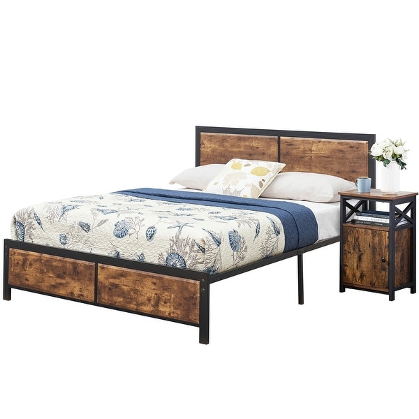 Taomika Industrial 3-pieces Bed with Wood Headboard and Nightstand Set - - 35162744