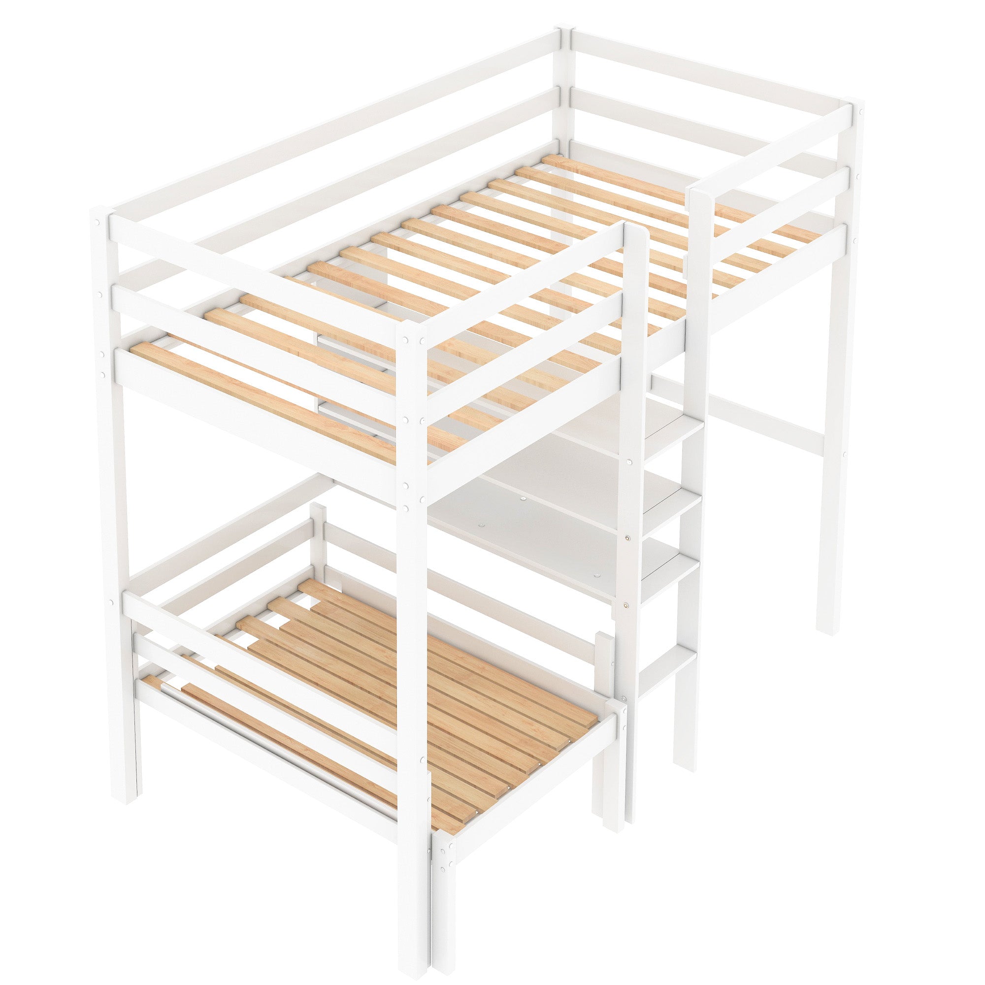 Euroco Twin Size Wood Bunk Bed with Shelves & Desk for Kids Bedroom, White