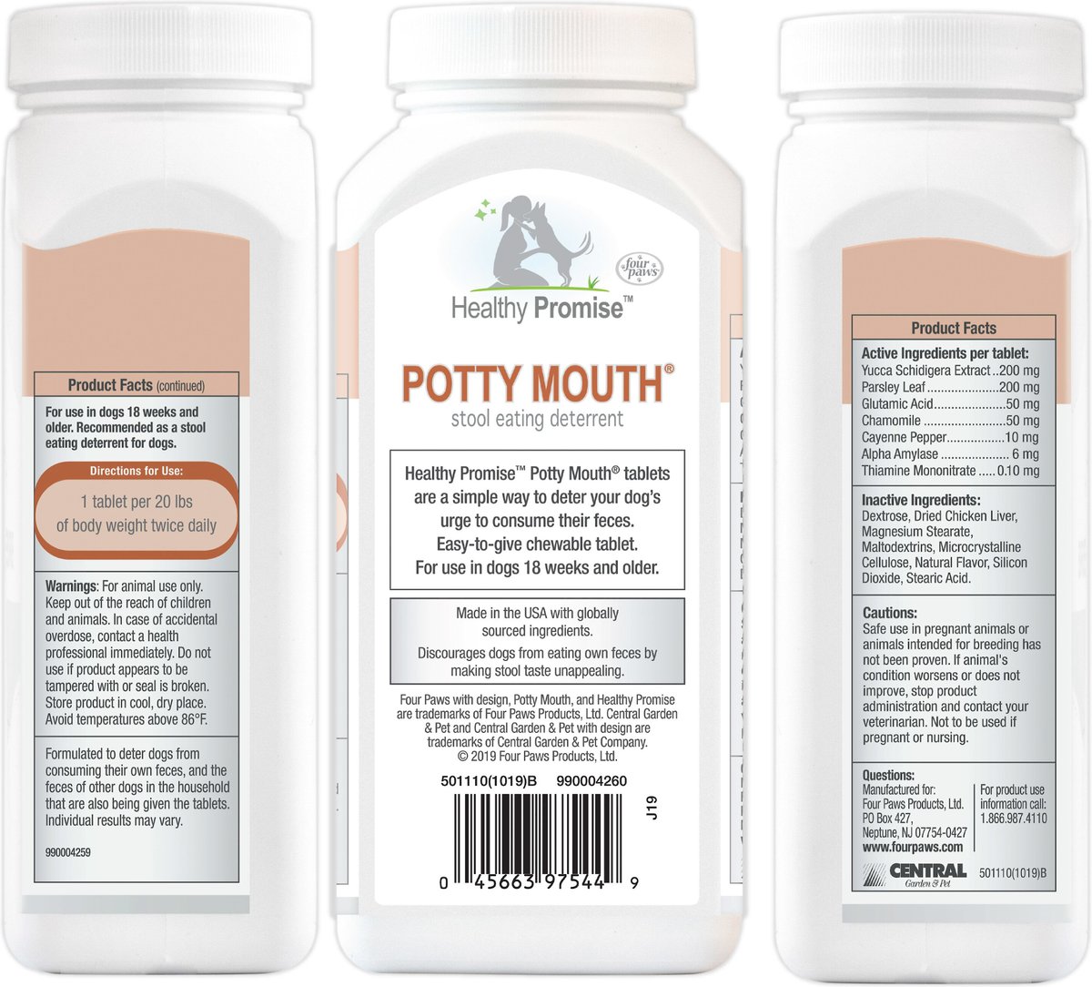 Four Paws Healthy Promise Potty Mouth Tablets Coprophagia Dog Stool Eating Deterrent， 90 count