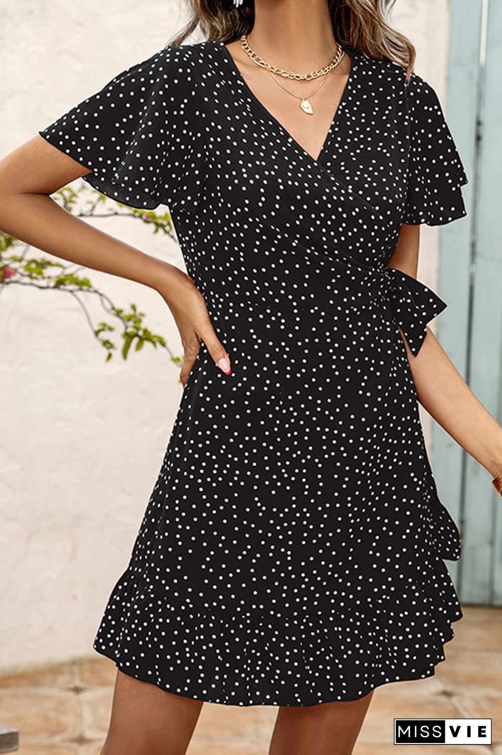 Polka Dot Print V Neck Short Dress Wholesale