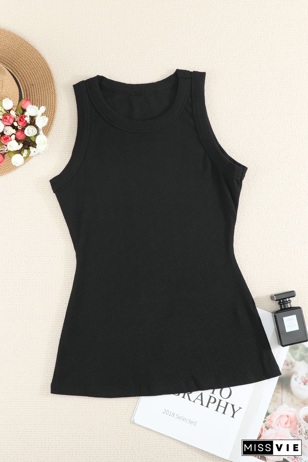 Solid Black Round Neck Ribbed Tank Top