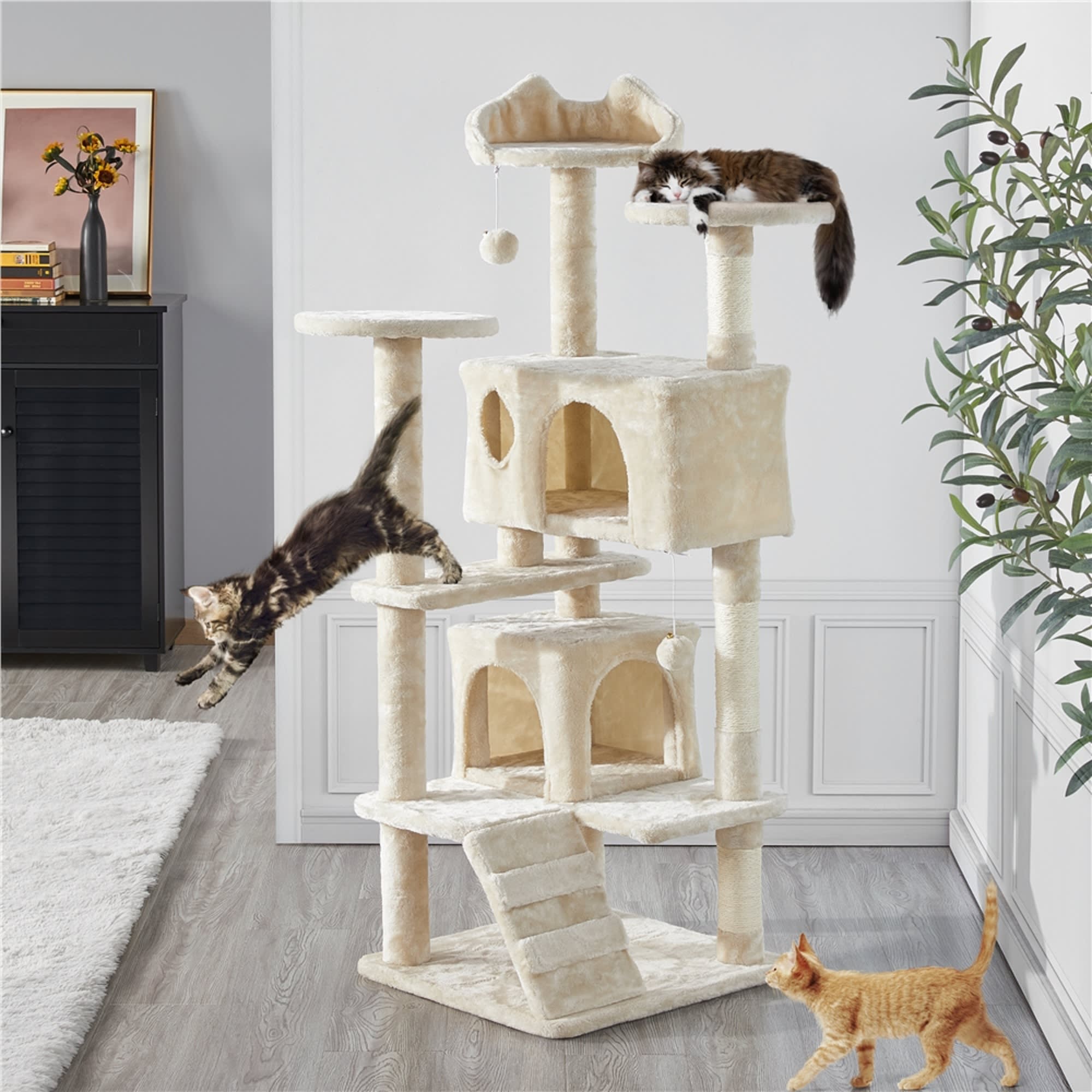 Topeakmart Beige 3-Level Plush Cat Tree with 2 Condos， 54