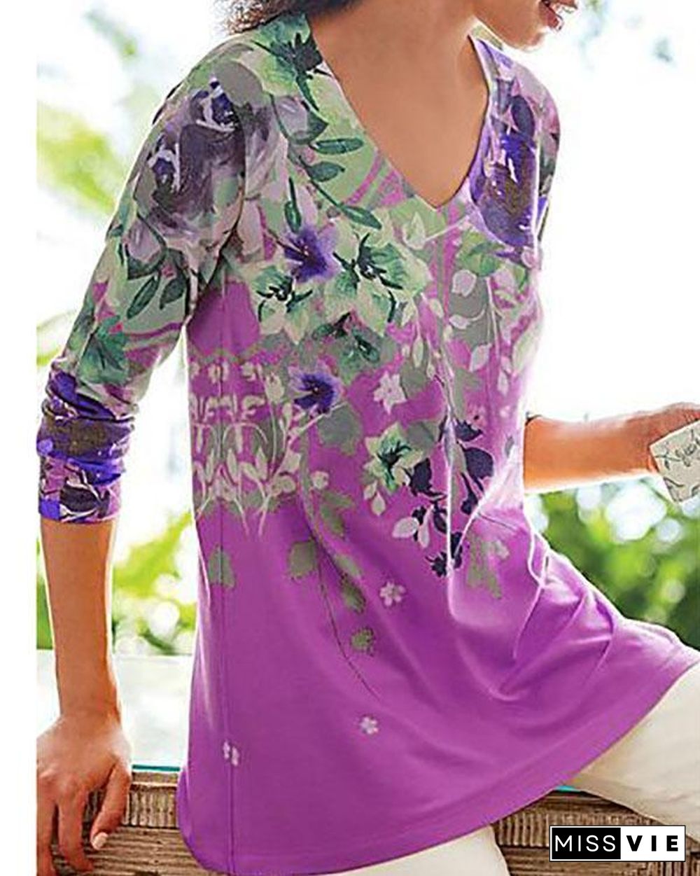 Floral Print V-neck Casual Long Sleeves T-shirts