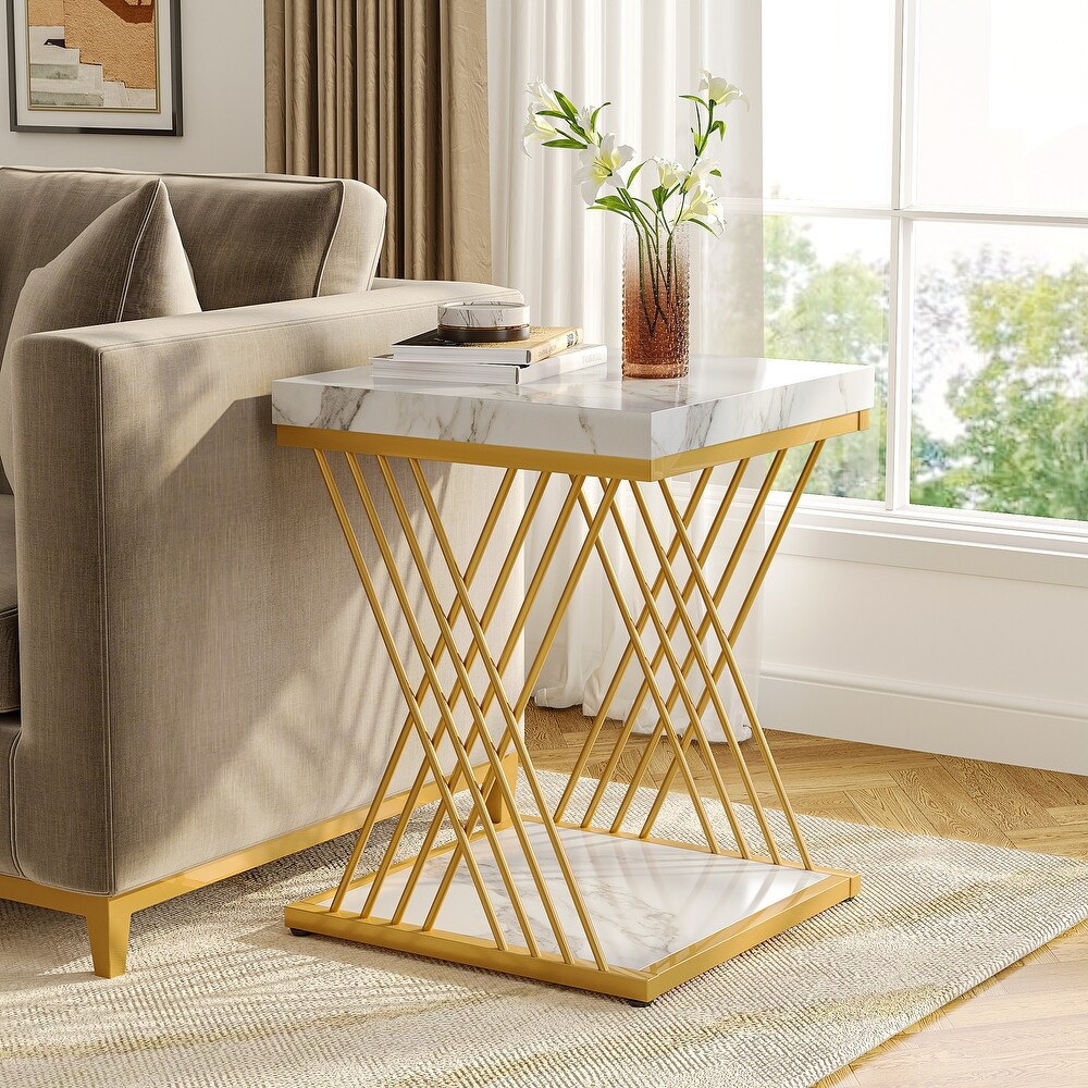 Faux Marble White and Gold Square Side Table End Table