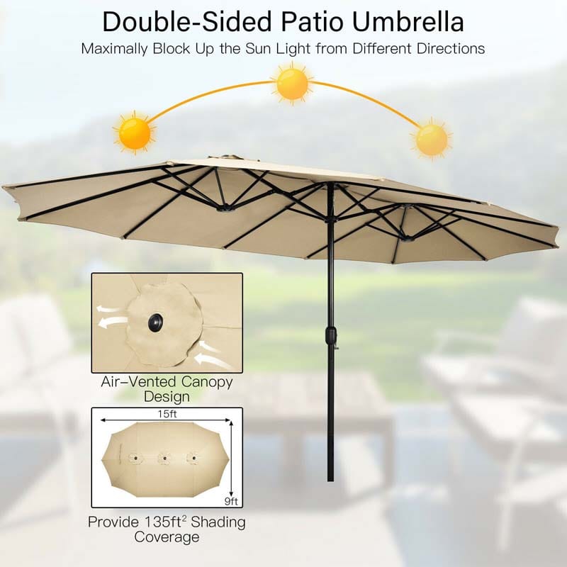 15FT Double-Sided Twin Patio Umbrella with Base & Crank System, Extra-Large Cantilever Market Umbrella