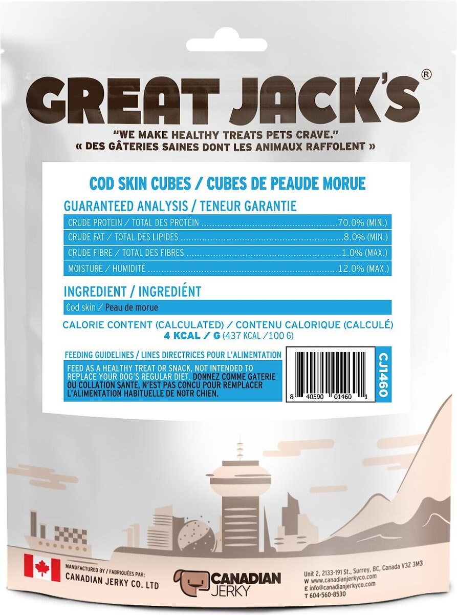 Great Jack's Air Dried Cod Skin Chew Cubes Dog Treats， 5.8-oz bag