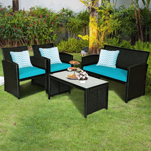 Tangkula 4 Piece Outdoor Patio Rattan Furniture Set Turquoise Cushioned Seat For Garden Porch Lawn