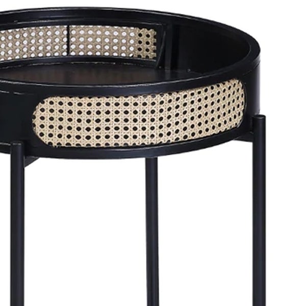 Bert 24 Inch Round End Table， Rattan Apron Accent， Metal Legs， Black