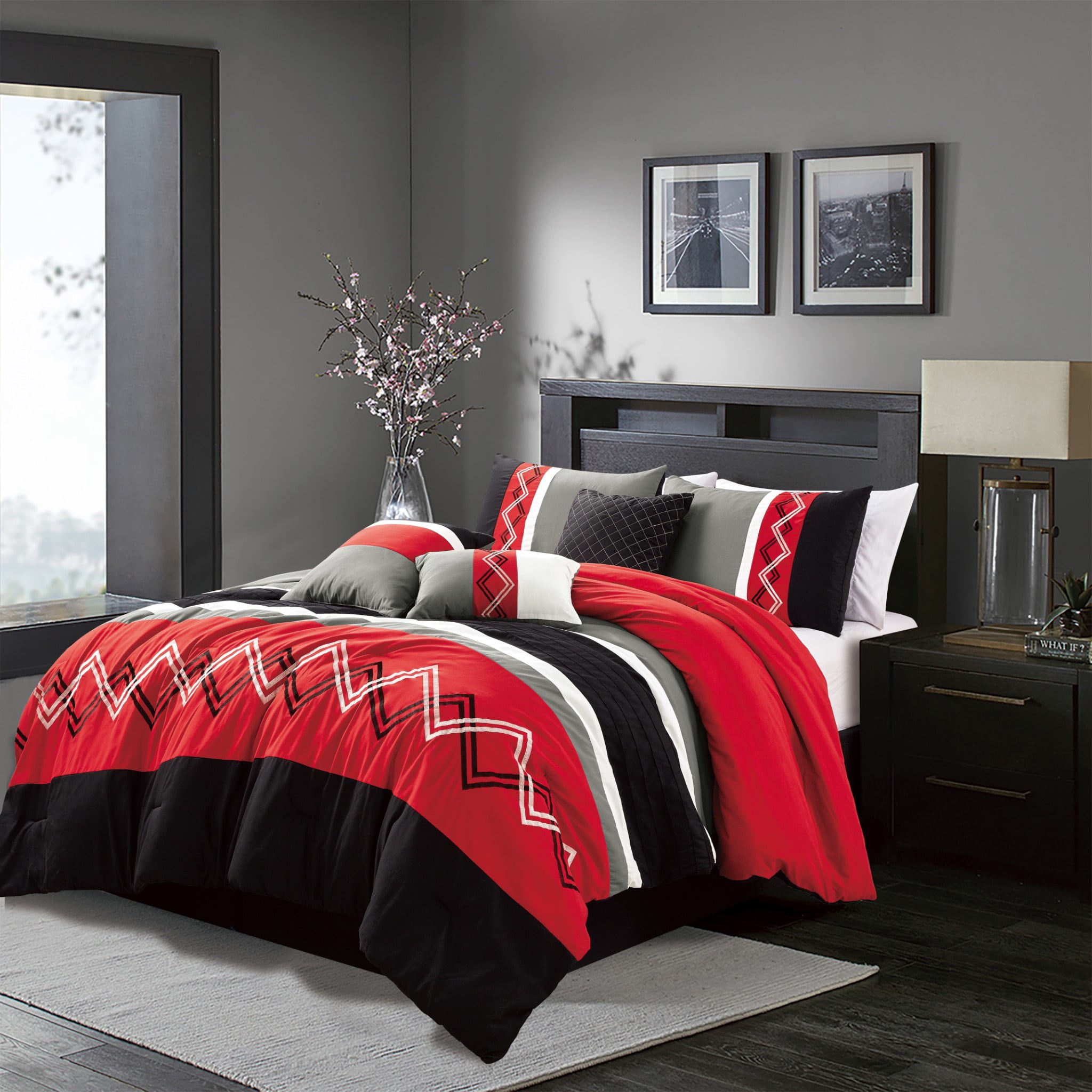 Chezmoi Collection 7-Piece Red/Black/Gray/White Modern Stripe Zigzag Embroidery Comforter Set， Queen