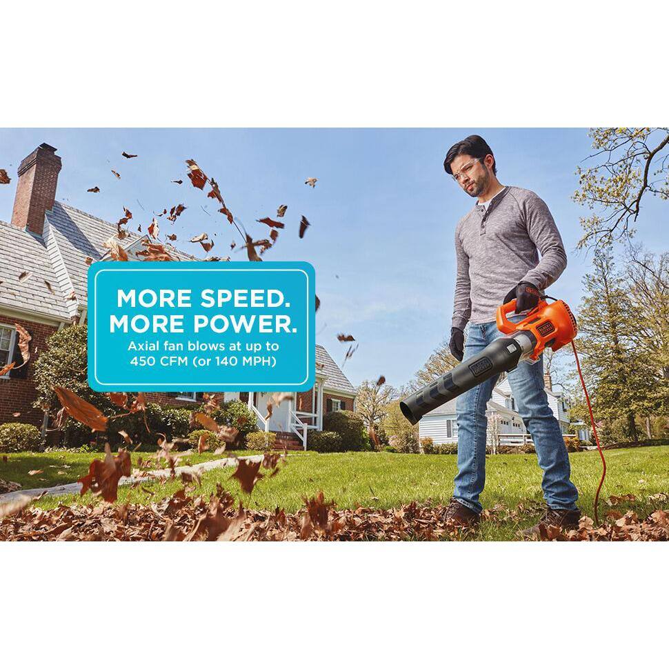 BLACK+DECKER 9 AMP 140 MPH 450 CFM Corded Electric Handheld Axial Leaf Blower BEBL750