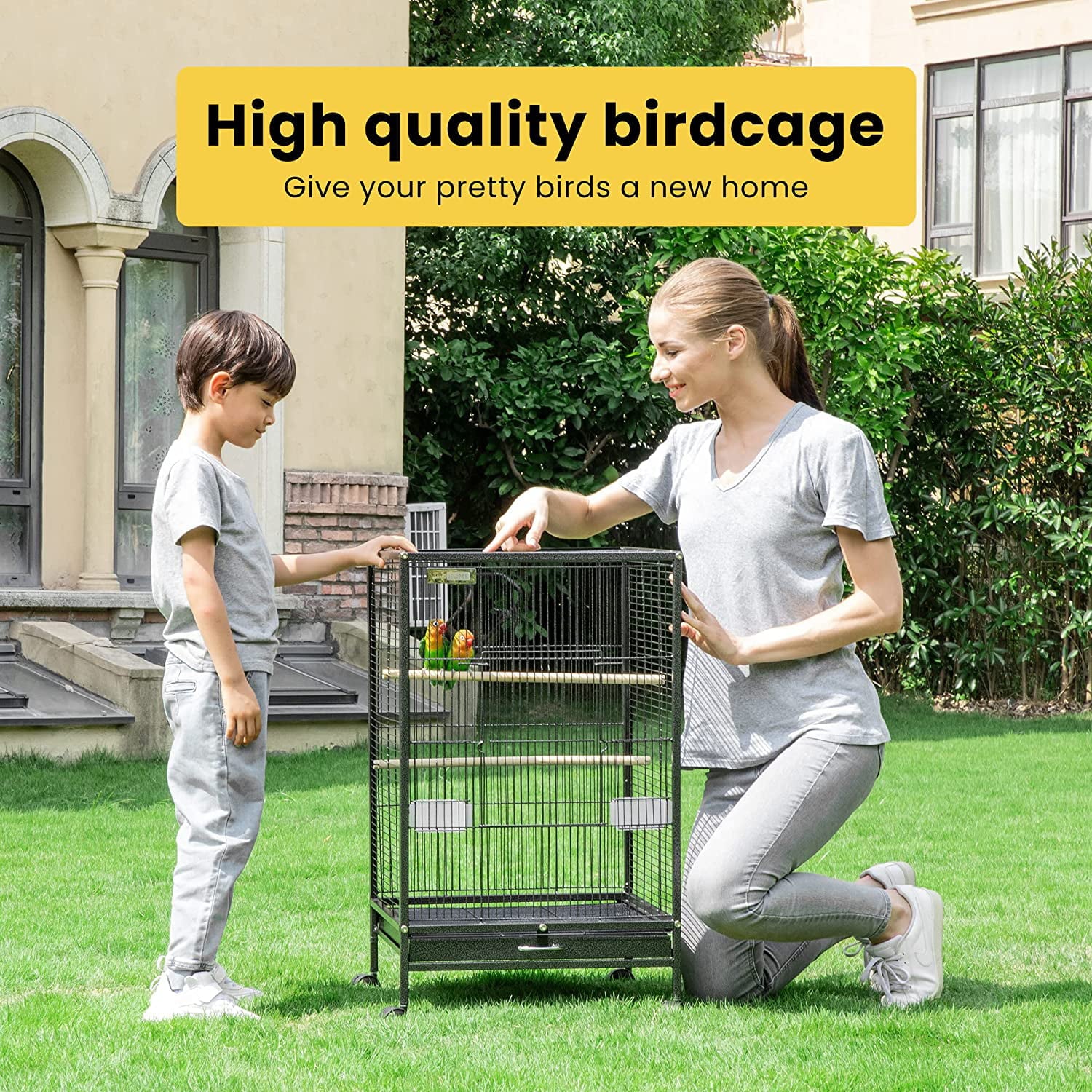 Vivohome Wrought Iron Bird Cage with Rolling Stand for Parrots， Lovebirds and Cockatiel， 30 Inch