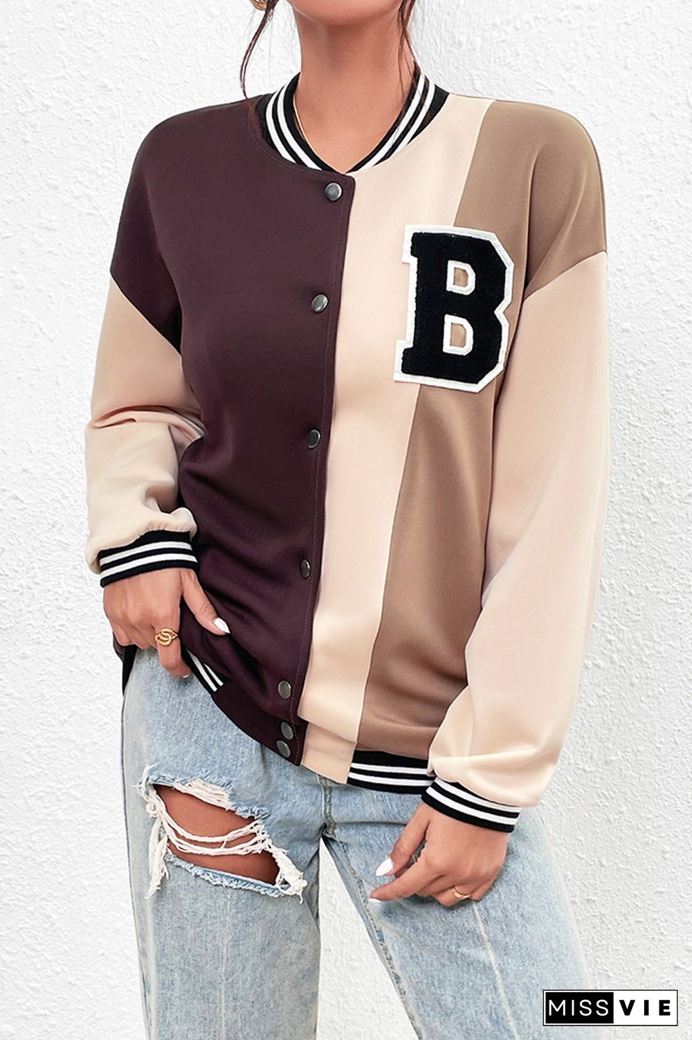 Colorblock Patchwork Stripes Baseball Jacket