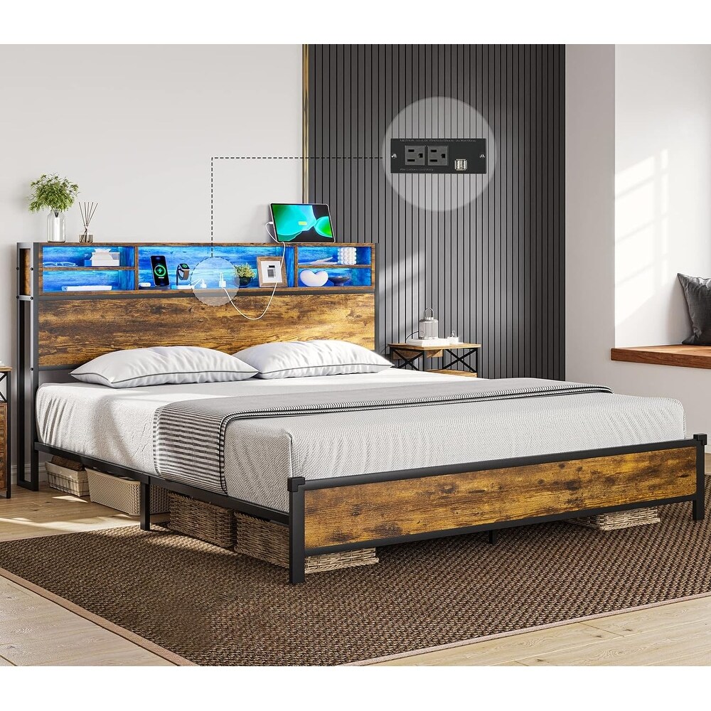 LED Bed Frame with Storage Headboard Queen Bed Frame