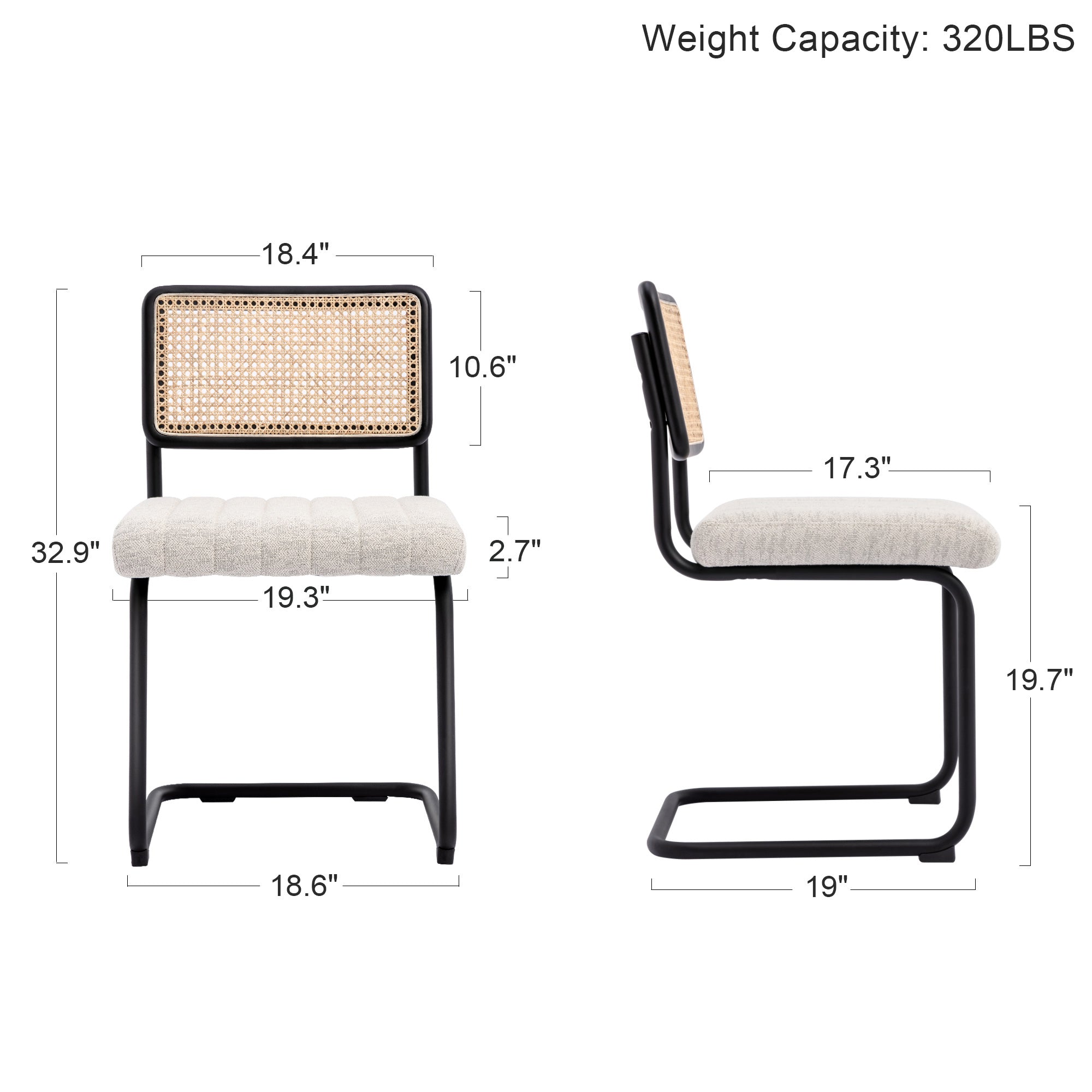 Zesthouse Beige Linen Dining Chairs Set of 2, Rattan Upholstered Kitchen Chairs with Cane Back and Black Metal Legs, Mid-Century Modern Side Chair for Living Room